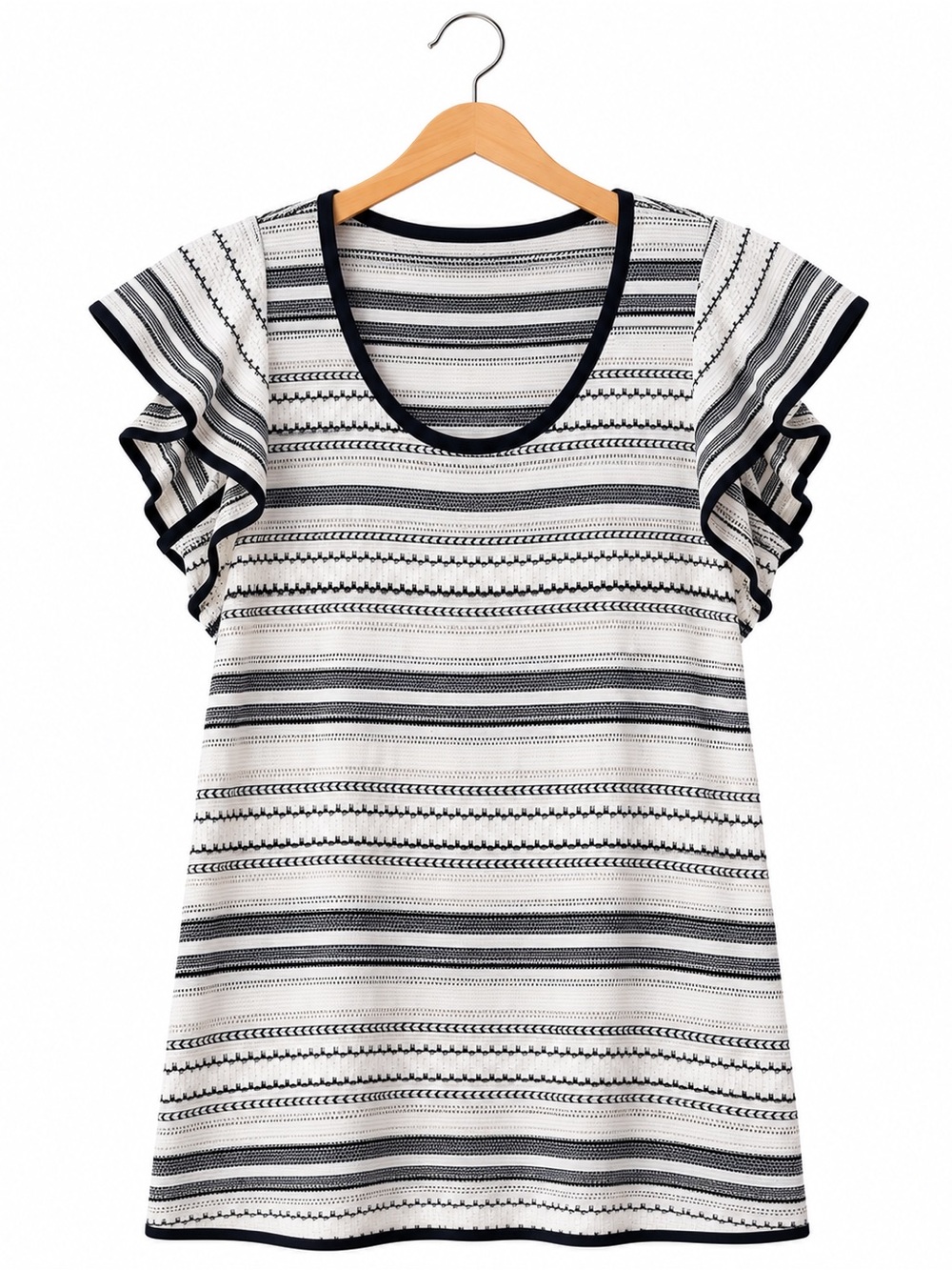 WHBM Black White Striped Knit Ruffle Sleeve Top XL Coastal Preppy Chic